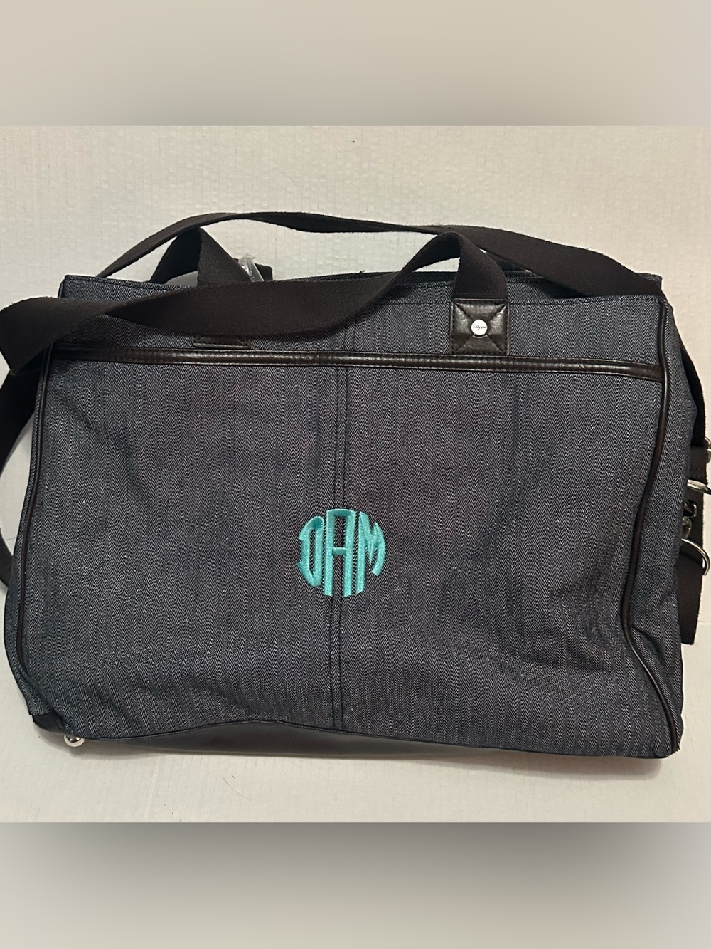 Thirty-One Herringbone Travel Tote Bag Organizer Brown Trim Monogram Large